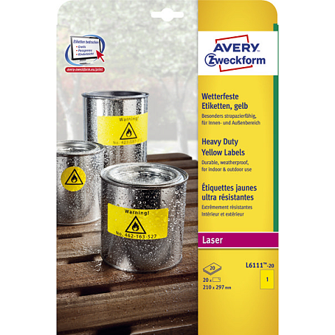 Avery Wetterfeste Folien-Etiketten, gelb, 210 x 297 mm, permanent