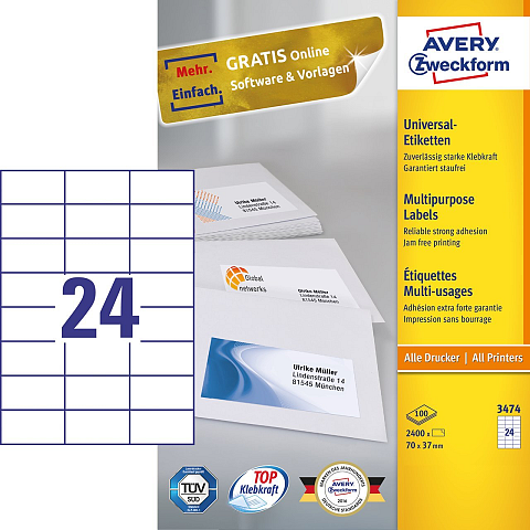 Avery 3474 selbstklebendes Etikett Rechteck Permanent Weiß 2400 Stück(e)