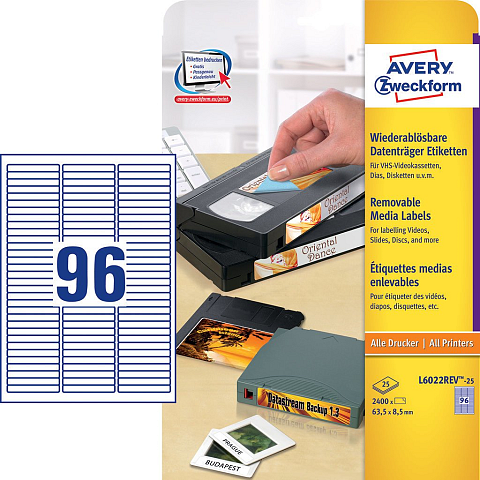 Avery L6022REV-25 selbstklebendes Etikett Abgerundetes Rechteck Entfernbar Weiß 2400 Stück(e)