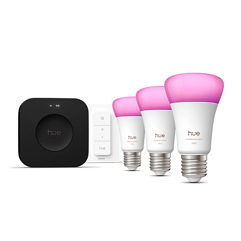 Philips Hue White and Color ambiance Starter-Set: 3 smarte E27-Lampen + Dimmschalter + Hue Bridge Pro