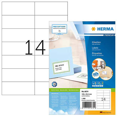 HERMA Etiketten Premium A4 105x42.3 mm weiß Papier matt 1400 St.