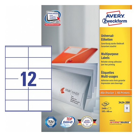 Avery 3424-200 selbstklebendes Etikett Rechteck Permanent Weiß 2400 Stück(e)