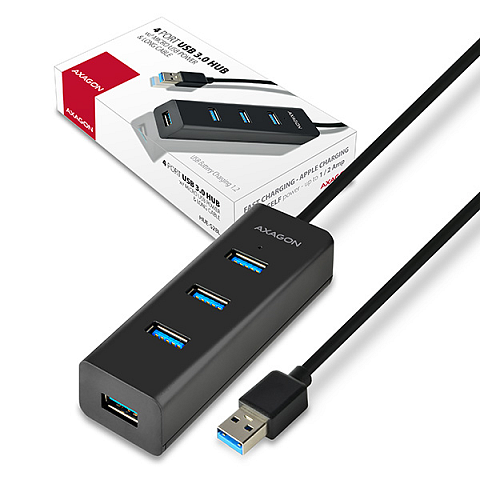 Axagon HUE-S2BL 4x USB 3.0 CHARGING hub w. 1.2m Kabel, Netzanschluss micro USB