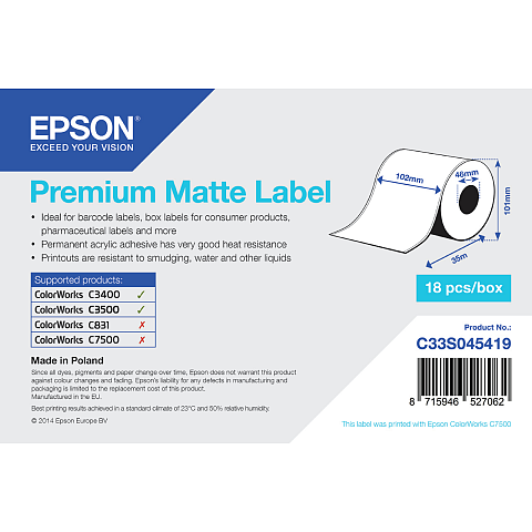 Epson Premium Matte Label Continuous Roll, 102 mm x 35 m