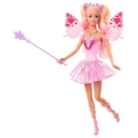 Barbie Fantasy Feenpuppe mit Farbwechsel-Flügeln und -Outfit, Spielzeugzauberstab mit Schwamm und Mode-Accessoires