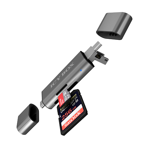 ICY BOX IB-CR200-C, SD/microSD USB 2.0 Card Reader mit Type-C® & -A und Micro-B Anschlüssen, anthrazit