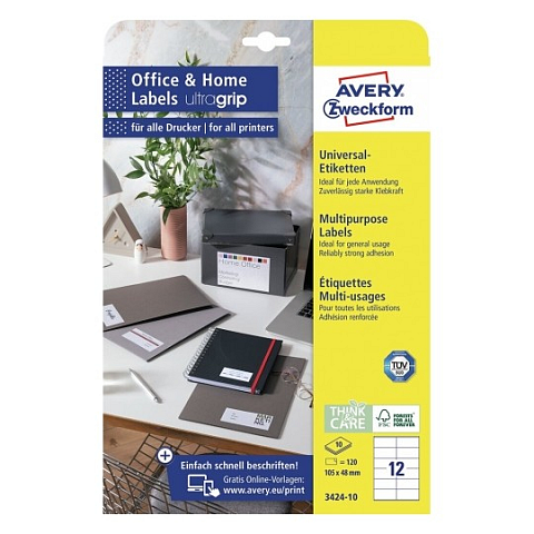 Avery 3424-10 selbstklebendes Etikett Rechteck Permanent Weiß 120 Stück(e)