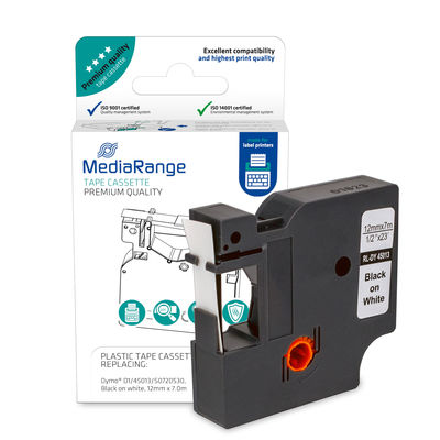 MediaRange Kunststoff-Schriftbandkassette, für/ersetzt Dymo D1/45013/S0720530, permanent haftend, 12mm, 7m, laminiert, schwarz auf weiß