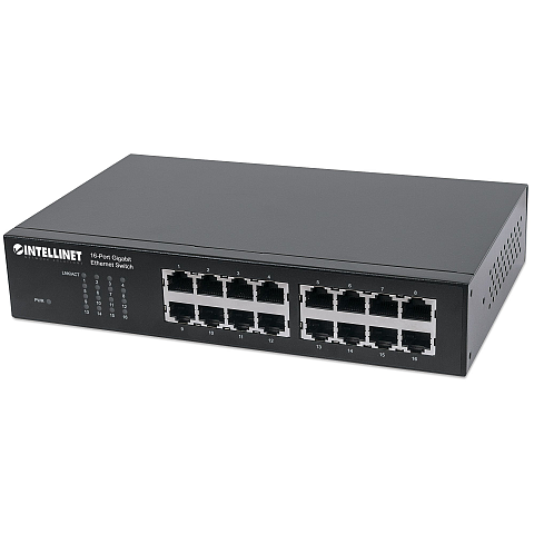 Intellinet 16-Port Gigabit Ethernet Switch, 16-Port RJ45 10/100/1000 Mbps, IEEE 802.3az Energy Efficient Ethernet, Desktop, 19" Rackmount