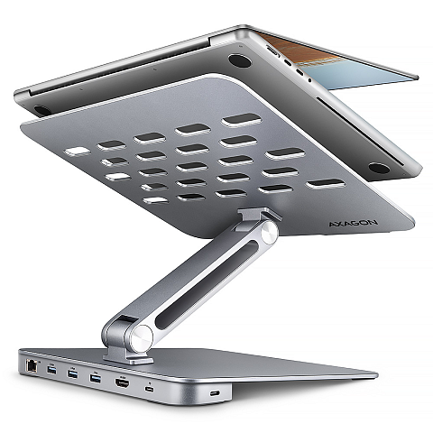 Axagon HMC-STND Multiport USB-C 5Gbps Hub und Aluminiumständer für Laptops. HDMI 4k/60Hz, GLAN, PD und 3 USB-A-Anschlüsse. Kabel USB-C 60 cm.