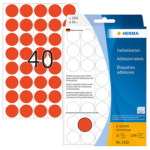 HERMA Vielzwecketiketten/Farbpunkte Ø 19 mm rund rot Papier matt Trägerpapier perforiert 1280 St.