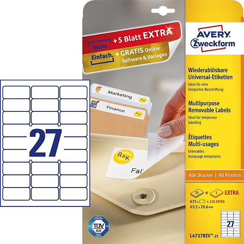 Avery Universal-Etiketten L4737REV-25 63,5x29,6mm weiß 25 Blatt