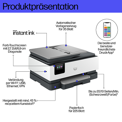 HP OfficeJet Pro 8134e Wireless All-in-One Farbe Drucker, Instant Ink; Beidseitiger Druck