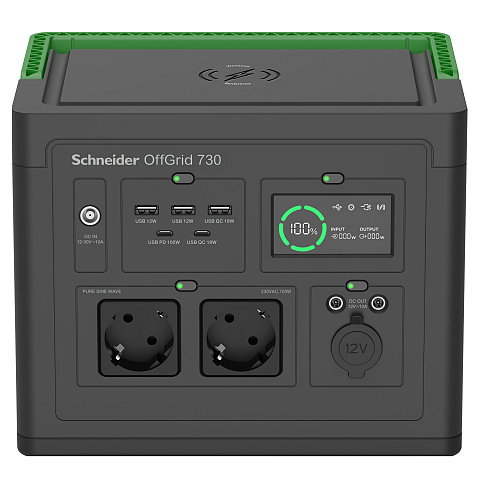 APC SE OffGrid Portable Power Station 730 – Li-Ionen-Akku, LCD, 2x Schuko Ausgänge, 3x USB-A, 2x USB-C, 3x 12V, kabelloses Ladegerät