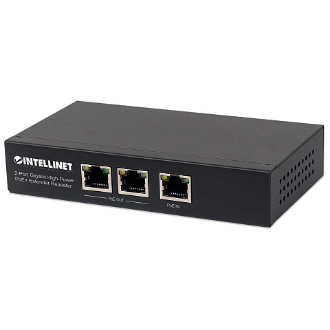 Intellinet 2-Port Gigabit High-Power PoE+ Extender, IEEE 802.3at/af PoE+/PoE, verlängert die Reichweite einer PoE-Verbindung um zusätzliche 100 Meter, 2 PSE-Ports, Metall