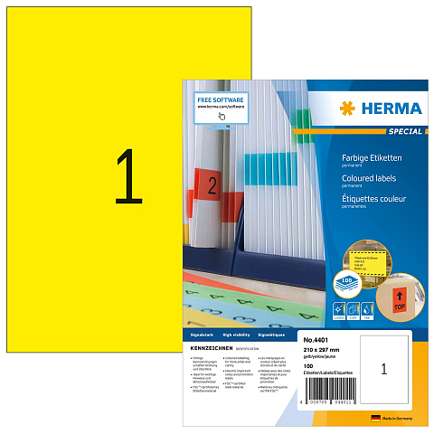 HERMA Farbige Etiketten A4 210x297 mm gelb Papier matt 100 St.