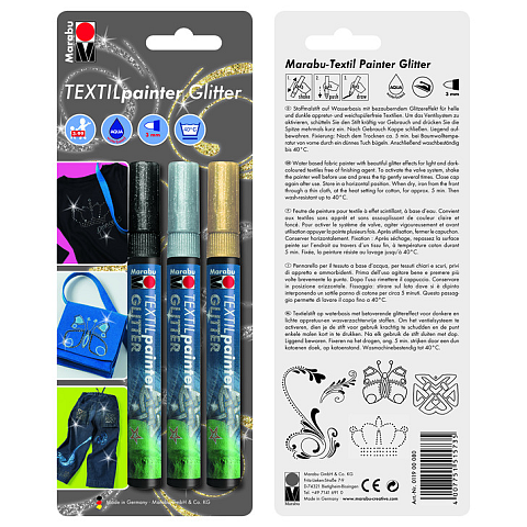 Marabu Textil Painter Glitter, 3er-Blister-Sortierung, 3 x 3 mm