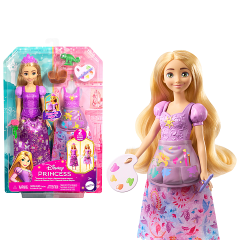 Disney Princess 2-in-1-Geschichten Rapunzel-Modepuppe mit 2 Oberteilen zum Anklipsen, 2 Röcken und 9 Accessoires