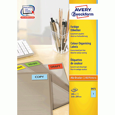 Avery Farbige Etiketten, blau, 210 x 297 mm, permanent