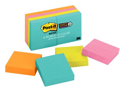 Post-It Super Sticky Notes, 2 in. x 2 in., Miami Collection, 8 Pads/Pack, 90 Sheets/Pad Klebezettel Blau, Grün, Orange, Pink 90 Blätter Selbstklebend