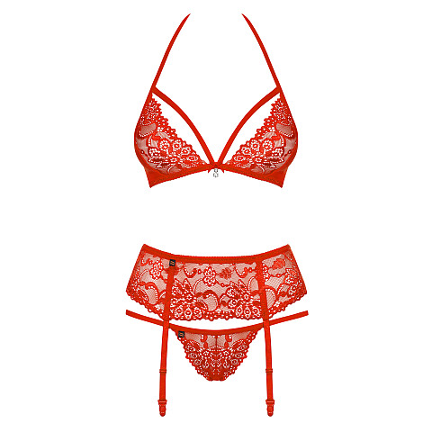 Obsessive 838-SEG-3 L/XL Wäsche-Set/Bodysuit Rot, Transparent Elastan, Polyamid