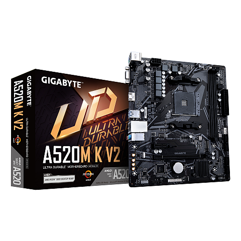 GIGABYTE A520M K V2 Mainboard - Unterstützt AMD Ryzen 5000 Serie AM4 CPUs, bis zu 5100MHz DDR4 (OC), PCIe Gen3 x4 M.2, GbE LAN, USB 3.2 Gen 1