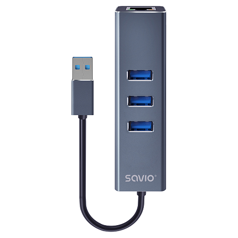 Savio AK-57 USB-A - 3 x USB-A HUB with RJ-45 Gigabit Ethernet adapter 5000 Mbit/s grey USB 3.2 Gen 1 (3.1 Gen 1) Micro-B 5000 Mbit/s Schwarz