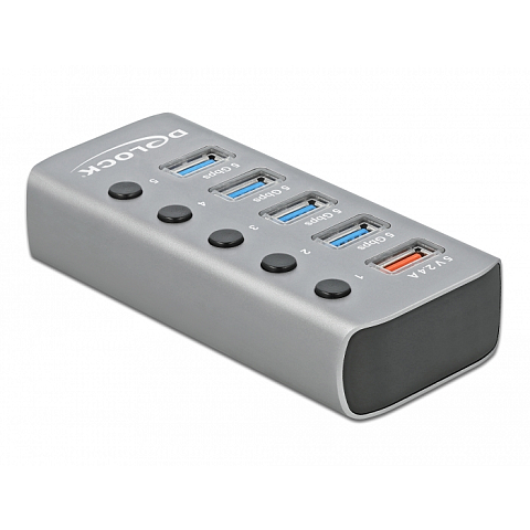 DeLOCK USB 5 Gbps Hub mit 4 Ports + 1 Schnellladeport mit Schalter und Beleuchtung