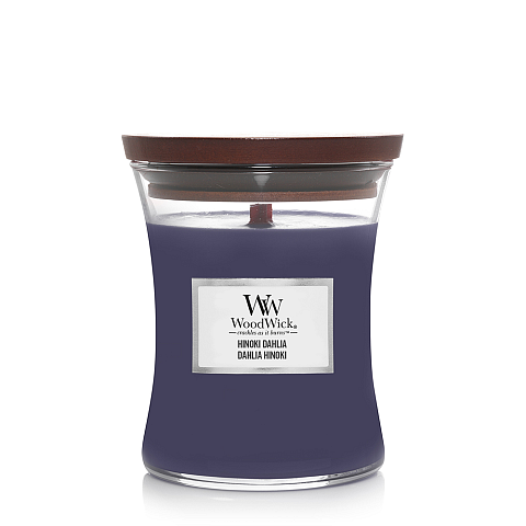 WoodWick Hinoki Dahlia Wachskerze Zylinder Violett