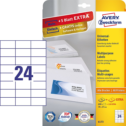 Avery Universal-Etiketten 6173 70x37mm weiß 600 Stück