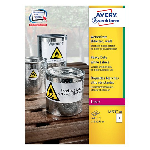 Avery L4775-100 selbstklebendes Etikett Abgerundetes Rechteck Permanent Weiß 100 Stück(e)
