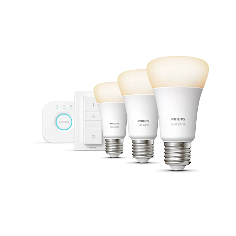 Philips Hue White Starter-Set: 3 smarte Lampen E27 (800) + Dimmschalter