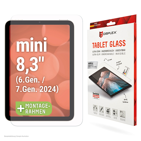 Displex Panzerglas (9H, 2D) für Apple iPad mini 8,3'' (6. Gen./7. Gen. 2024), Eco-Montagerahmen L-Form, kratzer-resistent