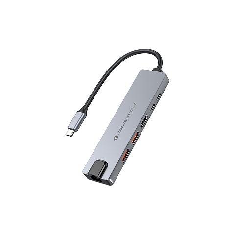 Conceptronic DONN29G 6-in-1 USB 3.2 Gen 2 Dockingstation, 4K60Hz HDMI, USB-A 10Gbps x 2, USB-C 10Gbps, GbE LAN, 140W USB PD 3.1