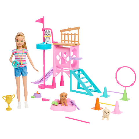 Barbie and Stacie to the Rescue Hündchenspielplatz-Spielset mit Puppe, 3 Hündchenfiguren und Zubehör