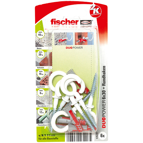 Fischer DuoPower 6 Stück(e) Schraubhaken & Dübelsatz 30 mm