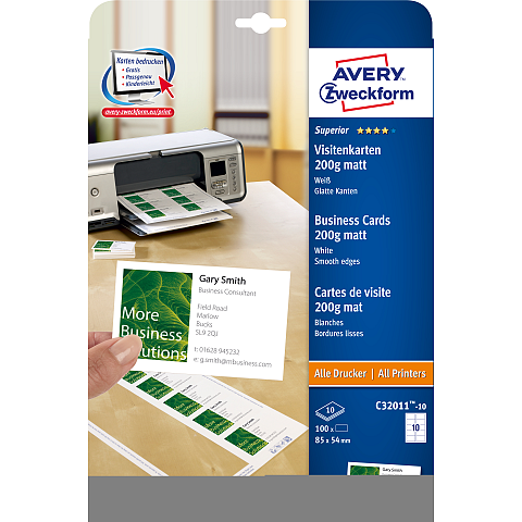 Avery Business Cards 85 x 54 Quick & Clean 10 Sheets Visitenkarte Laser/Inkjet Papier 100 Stück(e)