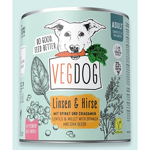 VEGDOG 370095 Hunde-Dosenfutter Linse, Hirse Adult 800 g