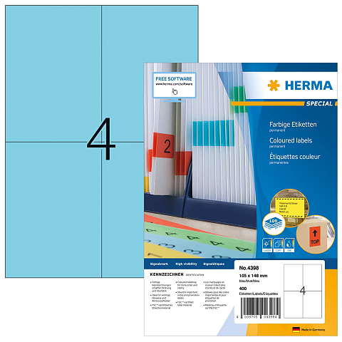 HERMA Farbige Etiketten A4 105x148 mm blau Papier matt 400 St.