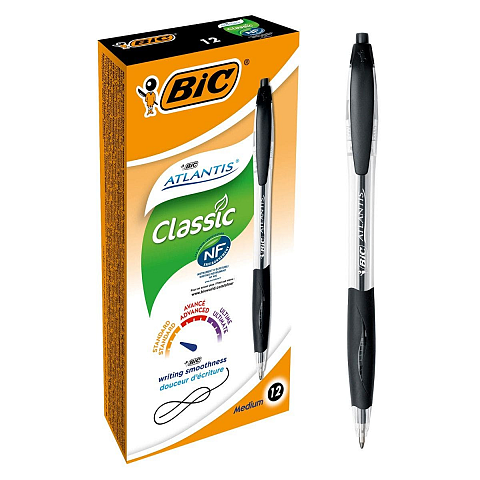 BIC Atlantis Classic Schwarz Kugelschreiber mit Druckeinzugsmechanik Medium 12 Stück(e)