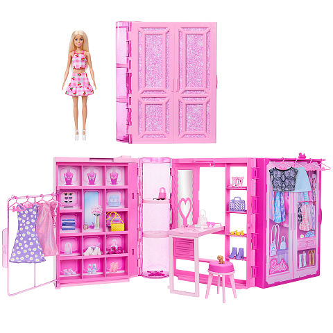 Barbie ​ Traumkleiderschrank Spielzeug, Spielset mit Modepuppe, Moden und Accessoires, knapp 1 m breit mit mehr als 25 Teilen