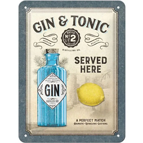 Nostalgic Art Gin & Tonic Served Here Dekoratives Schild & Tafel für drinnen Metall Mehrfarbig