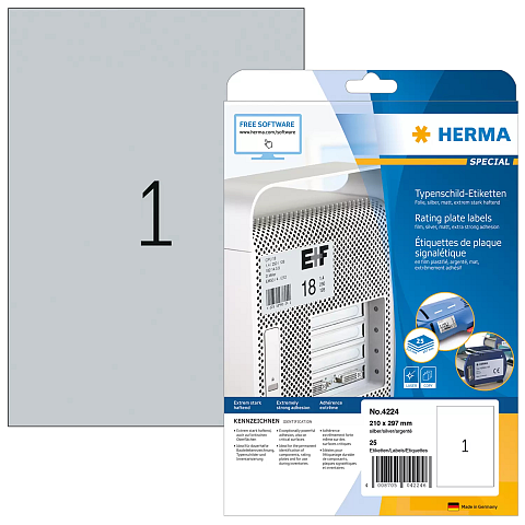 HERMA Typenschildetiketten A4 210x297 mm silber extrem stark haftend Folie matt 25 St.