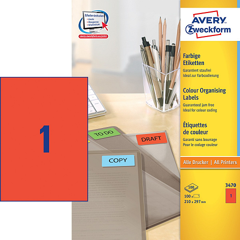Avery Farbige Etiketten, rot, 210 x 297 mm, permanent