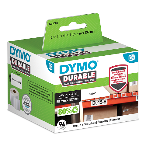 DYMO Original LabelWriter Hochleistungs-Etiketten | 59 mm x 102 mm | weißes Kunststoff-Etikett | Rolle mit 300 Etiketten | für LabelWriter-Beschriftungsgerät