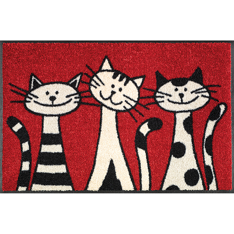 wash+dry Three Cats Dekorative Fußmatte Drinnen Rechteckig Beige, Schwarz, Rot