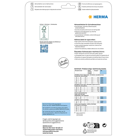HERMA Adressetiketten für Schreibmaschinen A4 105x144 mm Papier matt Ecken spitz 80 St.