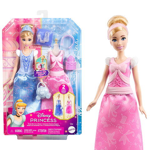 Disney Princess 2-in-1-Geschichten Cinderella-Modepuppe mit 2 Oberteilen zum Anklipsen, 2 Röcken und 9 Accessoires
