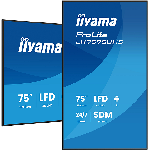 iiyama LH7575UHS-B2AG Signage-Display Digital Signage Flachbildschirm 190,5 cm (75") LCD WLAN 500 cd/m² 4K Ultra HD Schwarz Eingebauter Prozessor Android 11 24/7