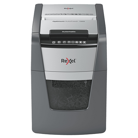 Rexel Optimum AutoFeed+ 100X Aktenvernichter Kreuzschreddern 55 dB 22 cm Schwarz, Grau